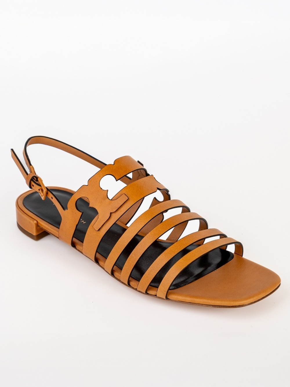 NIB Tory Burch Women's INES Cage Sandals Flat Leather Brandy - Size 8